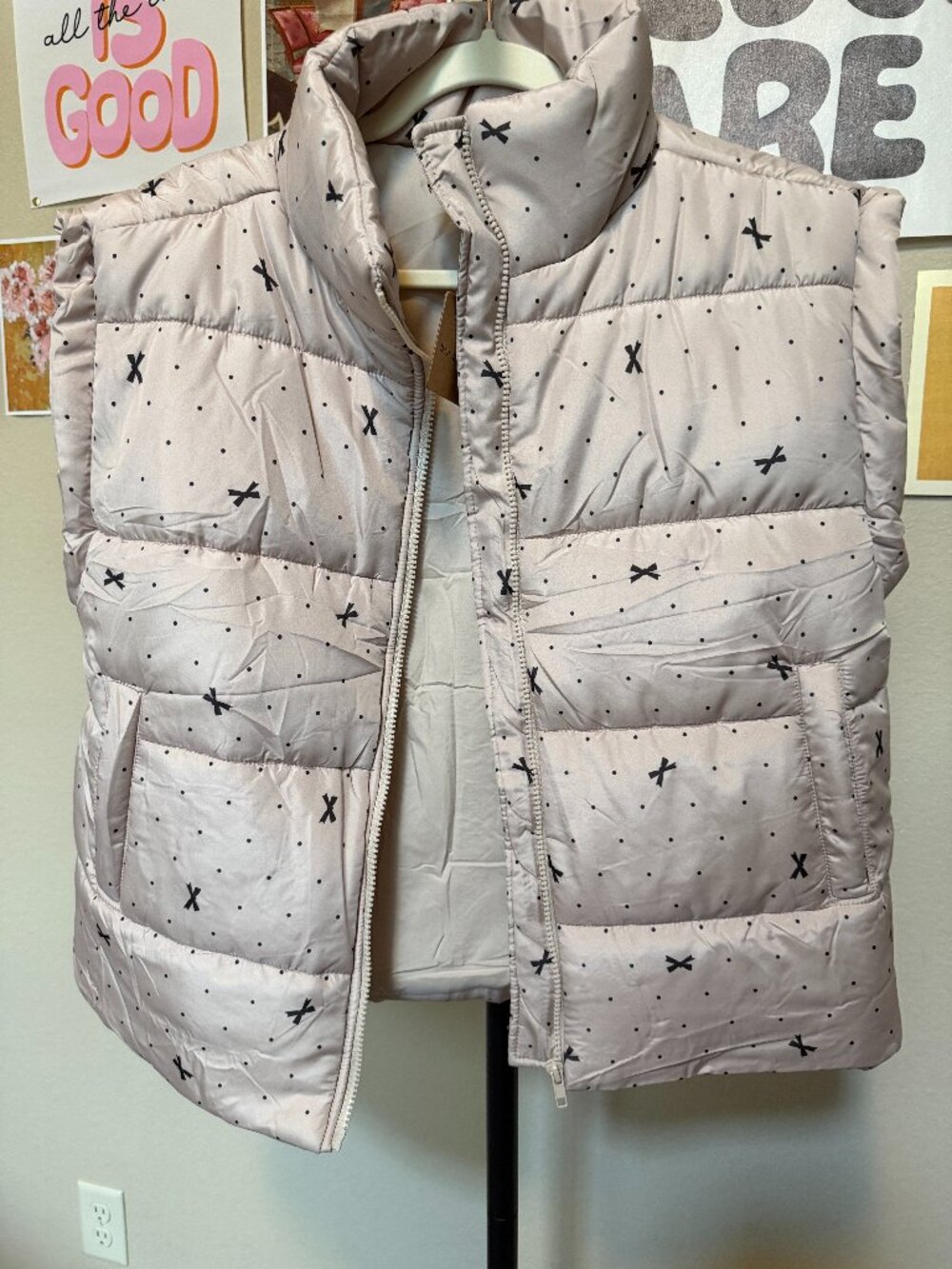 Blu Pepper Bow Dot Print Zip-Up Puffer Vest Ivory Cream L NWT